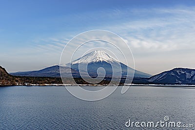 The beautiful Fuji mountain form the five peaceful lake in winter Stock Photo