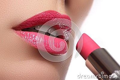 Beautiful full pink lips. Lipstick. Professional make-up Stock Photo