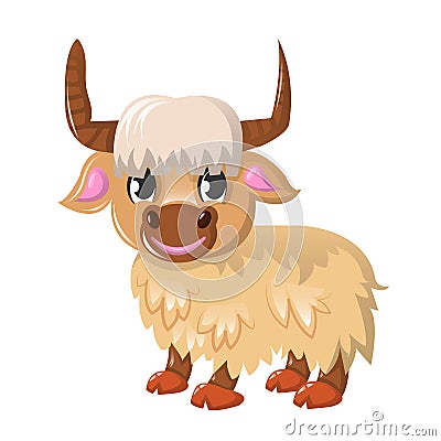 Beautiful funny cartoon wild bull - yak. Large colorful yak. Vector Illustration