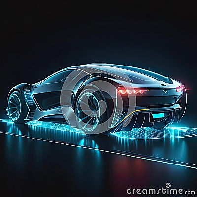 Beautiful futuristic abstract car design with neon lighting on a dark background, illustration for design and advertising Cartoon Illustration