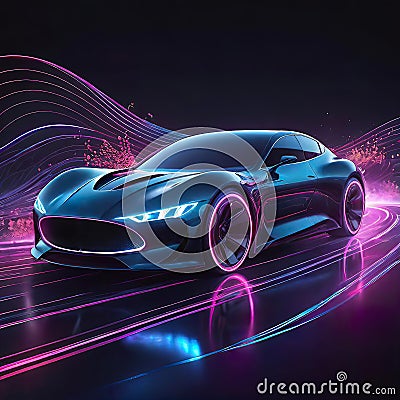 Beautiful futuristic abstract car design with neon lighting on a dark background, illustration for design and advertising Cartoon Illustration