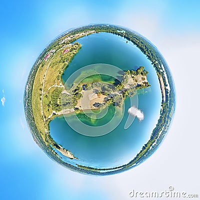 Beautiful futuristic panoramic 360 spherical panorama little planet aerial drone view to city of Ust-Kamenogorsk KZ: Oskemen, Stock Photo