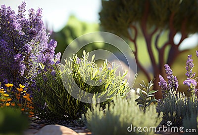 Beautiful garden of essential plants: tea tree, peppermint, eucalyptus, lemons, lemongrass, rosemary, AI Generated Stock Photo