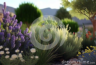 Beautiful garden of essential plants: tea tree, peppermint, eucalyptus, lemons, lemongrass, rosemary, AI Generated Stock Photo