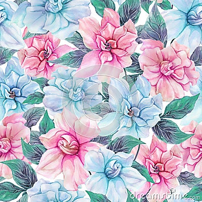 Beautiful gardenia flowers with leaves in seamless floral pattern. Pastel colored botanical background. Watercolor painting. Cartoon Illustration