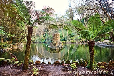 Beautiful Gardens in the Pena Palace Sintra, Lisbon, Portugal. Famous landmark. Most beautiful castles in Europe Stock Photo