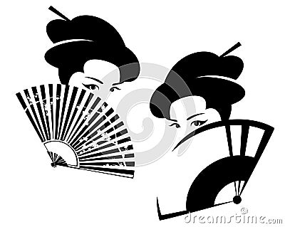 Beautiful geisha with fan black and white vector portrait Vector Illustration