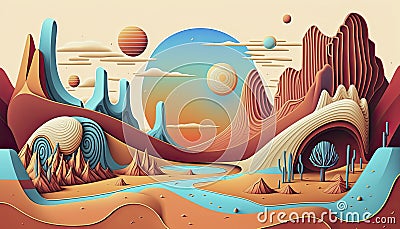 Beautiful generative AI illustration of simple layered vector style landscape surreal fantasy art with lovely pastel vibrant Cartoon Illustration