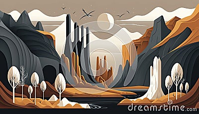 Beautiful generative AI illustration of simple layered vector style landscape surreal fantasy art with lovely pastel vibrant Cartoon Illustration