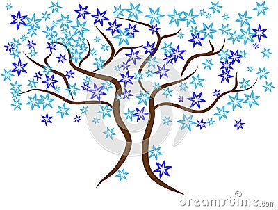 Beautiful gentle blue winter tree. Brown branches with dark and light blue stars. Vector Illustration