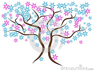 Beautiful gentle blue winter tree. Brown branches with pink and light blue stars. Vector Illustration