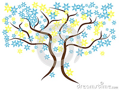 Beautiful gentle blue winter tree. Brown branches with yellow and light blue stars. Vector Illustration