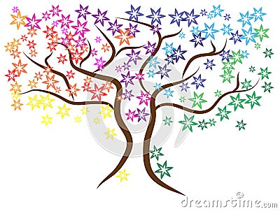 Beautiful gentle colorful tree. Brown branches with flowers of rainbow color. Vector Illustration