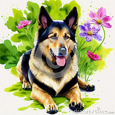 A beautiful German Shepherd dog. Watercolor painting. Noble Guardians. Generative AI Stock Photo