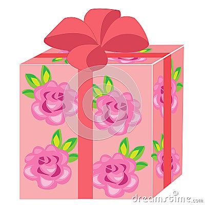 A beautiful gift. The box is packed for a holiday. The package is pink, decorated with roses. The red bow is tied on top. Vector Cartoon Illustration