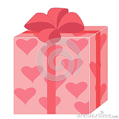 A beautiful gift. A box packed for the holiday. Packing of pink color with painted hearts. A red bow is tied on top. Vector Cartoon Illustration