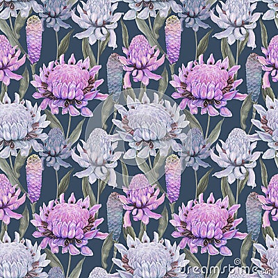 Beautiful ginger flower with green leaves on blue background. Seamless floral pattern. Watercolor painting Cartoon Illustration