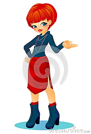 Beautiful ginger girl with red skirt and blue turtleneck sweater Vector Illustration