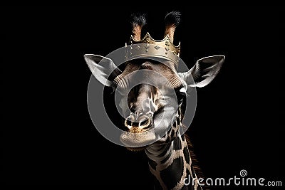 Beautiful Giraffe In Gold Crown On Matte Black Background. Generative AI Stock Photo