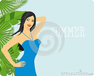 Beautiful girl against the backdrop of exotic foliage. branches and leaves of tropical plants. Vector Illustration