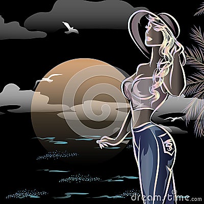 Beautiful girl on the beach, hello summer beach party banner with woman, sea background with palm and sunset, invitation to nightc Cartoon Illustration