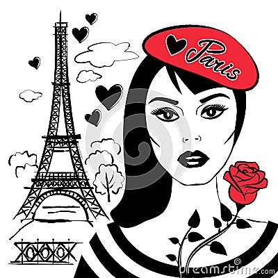Beautiful girl in beret with symbol France-Eiffel tower Vector Illustration