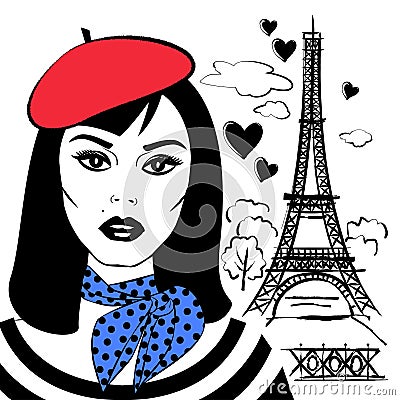 Beautiful girl in beret with symbol France-Eiffel tower. Vector Illustration