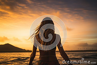 Beautiful girl in bikini on the beach at sunset. Vacation concept, Female surfer rear view in sea at sunset, Oahu, Hawaii, United Stock Photo