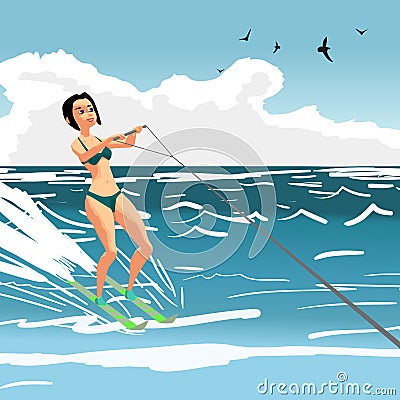 Beautiful girl in bikini on water ski. Young woman on summer vac Vector Illustration