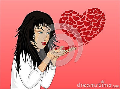 Beautiful girl blowing hearts of his hands. Vector illustration. Cartoon Illustration