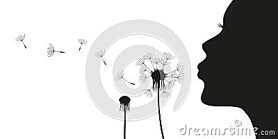 beautiful girl blows dandelion silhouette on white Vector Illustration