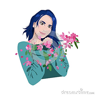 Beautiful girl with blue hair. Sakura petals are flying in the wind. Cartoon Illustration