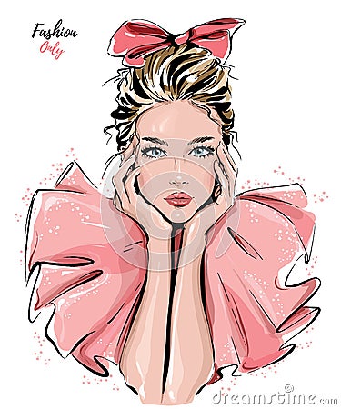 Beautiful girl with bow on her head. Fashion girl. Stylish blond hair woman Vector Illustration