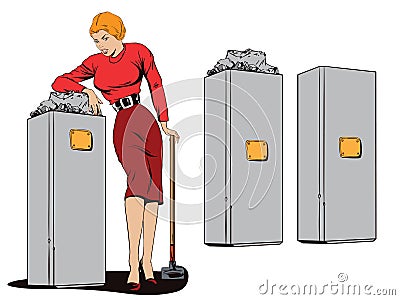 Beautiful girl and a broken monument. People in retro style. Vector Illustration