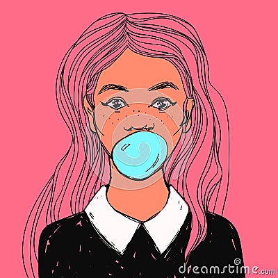 Beautiful girl with bubble gum, long hair and white collar. Vector hand drawn pop art illustration. Vector Illustration