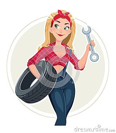 Beautiful girl in car repair service with wheel Vector Illustration