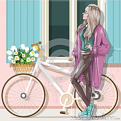 Beautiful girl in casual clothes with bicycle and building facade. Vector Illustration