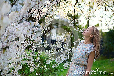 Beautiful girl in cherry blossom garden Stock Photo