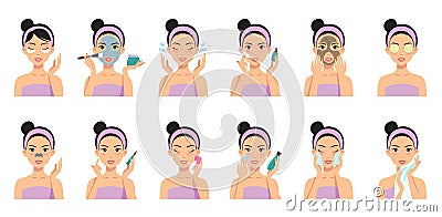 Beautiful girl cleaning and care her face with various actions. Vector Illustration