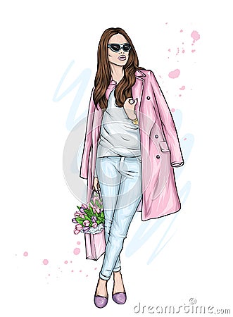 Beautiful girl in a coat and pants with a bouquet of tulips. Fashion and style, clothes and accessories. Flowers and spring. Vector Illustration