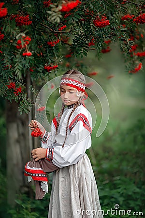 A beautiful girl collects bunches of mountain ash in the hem of her dress Stock Photo