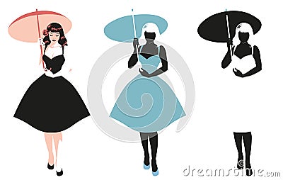 Beautiful girl combed and dressed in retro pinup style holding an umbrella isolated on white background. Three version collection Vector Illustration