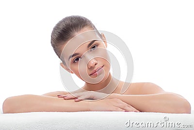 Beautiful girl after cosmetic procedures, face lift, visiting beautician, massage. Stock Photo