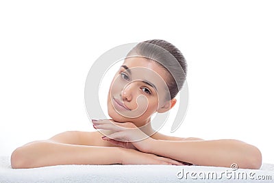 Beautiful girl after cosmetic procedures, face lift, visiting beautician, massage. Stock Photo