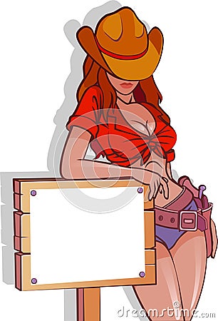 Cowboy girl in a hat, standing near the sign. Vector illustration. Vector Illustration