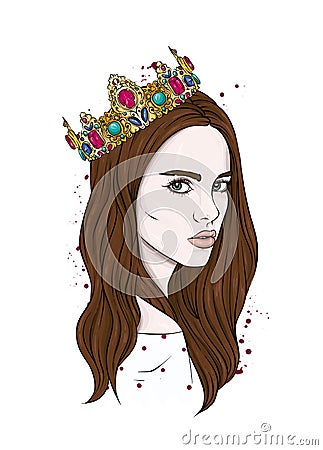 Beautiful girl in crown. Girl with long hair. Vector illustration for a postcard or a poster, print for clothes. Fashion & Style. Vector Illustration