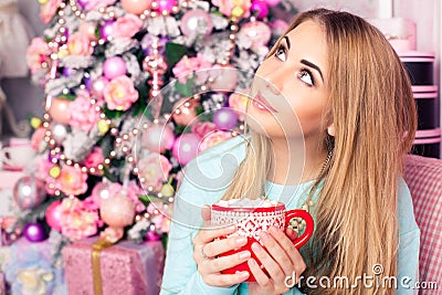 Girl with a cup of cocoa with marshmallows Stock Photo