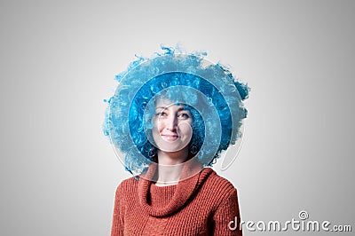 Beautiful girl with curly blue wig and turtleneck Stock Photo