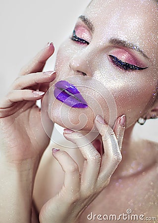 Beautiful girl with purple lips Stock Photo