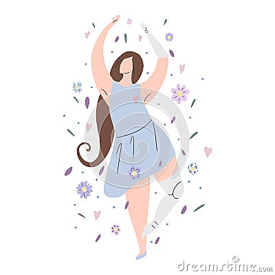 Beautiful girl dancing in flowers with prosthetic arm and leg. Modern flat illustration of a strong self sufficient woman. Self Vector Illustration